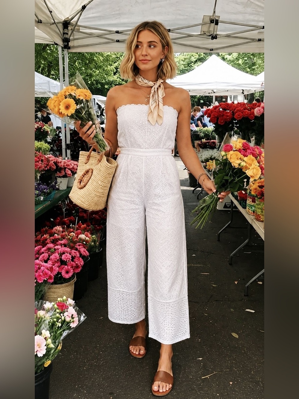 Club Monaco Strapless Coastal 100% Cotton White Eyelet Wide Leg Jumpsuit- Size 4